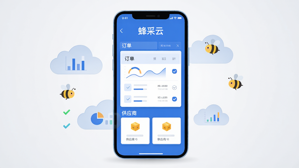 画面中央是一台竖屏智能手机,屏幕中展示蓝色调的企业采购管理界面,界面包含订单列表和供应商卡片,手机两侧漂浮半透明的云朵与蜜蜂图标,背景为干净的浅灰渐变,整体采用扁平化商务插画风格,细节包括简洁的图表和勾选标记,画质清晰,画面干净,无多余元素,屏幕上方显示文字“蜂采云”
