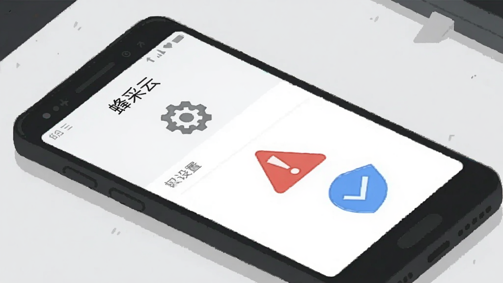 一部安卓手机放在桌面上,屏幕显示权限设置界面,旁边有红色警告图标和蓝色对勾图标,背景为浅灰色,风格为简洁的扁平插画,细节包括设置齿轮和盾牌图案,画质清晰,画面干净,无多余元素,手机屏幕上方有文字“蜂采云”