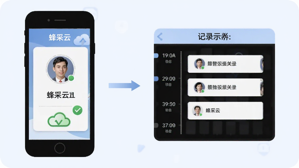 一张横向布局的流程示意图,左侧是手机形状的审批卡片,右侧是带时间轴的记录面板,中间用箭头连接,背景为淡蓝色,风格为简洁的商务信息图,细节包括圆形头像和绿色对勾,画质清晰,画面干净,无多余元素,图中标注文字“蜂采云”