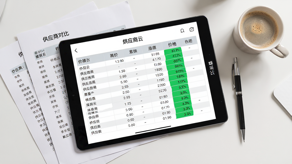 俯视视角的办公桌面,桌面上放着一台平板电脑和几份纸质报价单,平板屏幕显示供应商对比表格,表格中有绿色高亮的价格列,旁边有一支笔和一杯咖啡,整体为写实风格,光线柔和,细节包括表格中的数字和供应商名称,画质清晰,画面干净,无多余元素,平板边框处有文字“蜂采云”