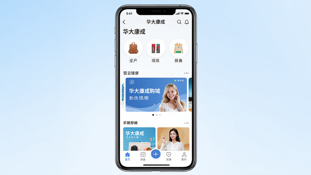 一张展示华大康成购物商城手机应用界面的图片,画面中央是一部智能手机,屏幕显示华大康成APP首页,包含商品分类图标、轮播广告位和底部导航栏,背景为浅蓝色渐变,整体风格清新简洁,细节清晰,画质干净,无多余元素