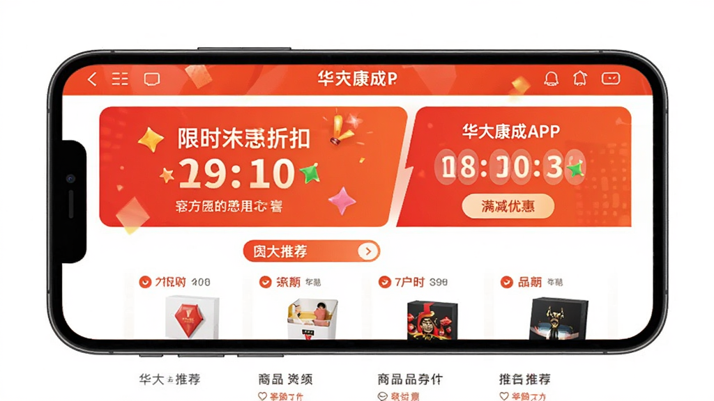 华大康成APP优惠活动页面展示图,手机屏幕中呈现限时折扣和满减优惠横幅,包含倒计时元素和商品推荐位,配色以橙红色为主,营造促销氛围,风格活泼明快,画质清晰,无多余元素