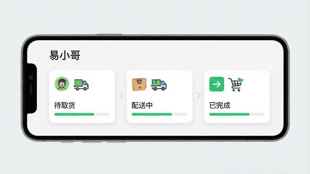 一张展示订单管理流程的示意图,主体是手机屏幕内呈现“易小哥”订单状态列表,从左到右依次排列待取货、配送中、已完成三个卡片模块,布局为横向流程图样式,风格简约商务,细节上每个卡片配有对应图标与进度条,背景为浅灰色,画质干净,无多余元素