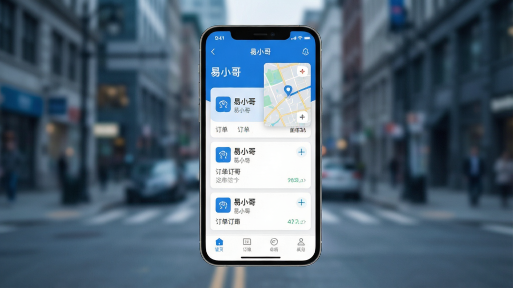 一张手机屏幕展示接单软件界面的场景图,画面中央是一部竖直放置的智能手机,屏幕显示“易小哥”应用主界面,包含订单列表卡片和地图导航小窗,背景为城市街道虚化效果,布局简洁清晰,风格现代科技感,细节上体现蓝色主色调与白色卡片对比,画质高清,干净,无多余元素