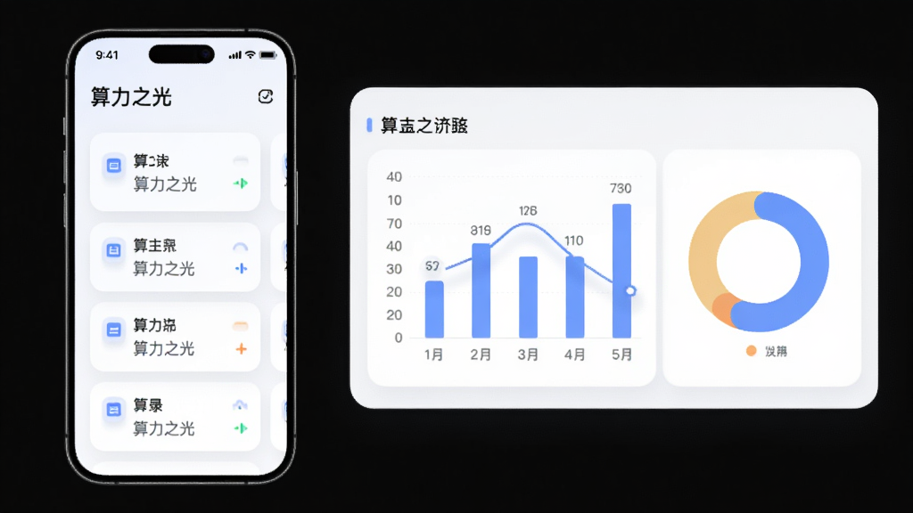 画面左侧为手机界面展示“算力之光”历史记录列表,右侧为统计图表区域,图表包含柱状图与环形图,整体布局左右分栏,风格为清爽浅色商务风,细节包括柔和阴影与圆角卡片,画质清晰干净,无多余元素