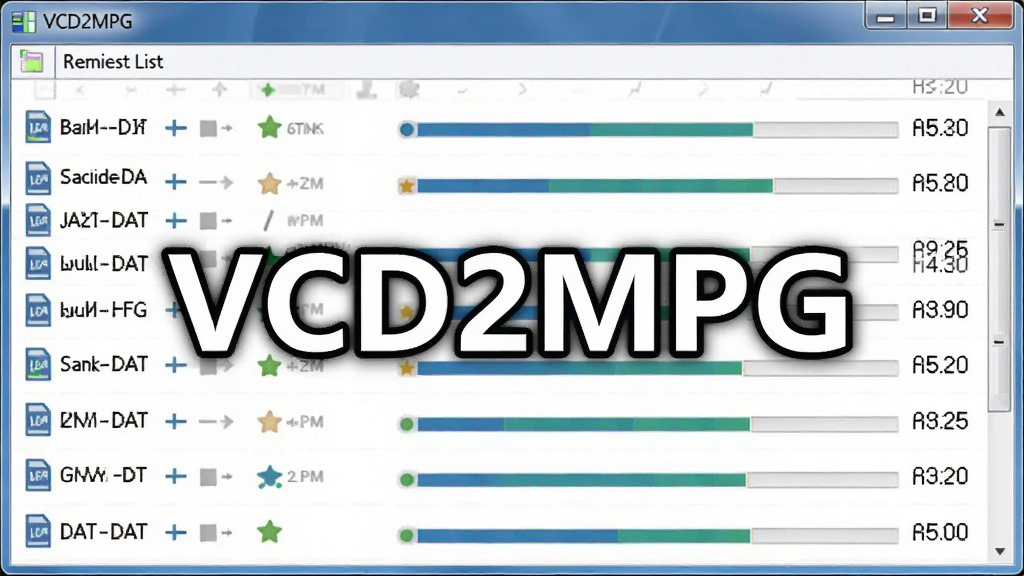 一张展示VCD2MPG批量转换列表的图片,主体是软件任务队列窗口,布局为纵向列表,排版为多行文件条目带进度条,风格为清爽扁平化,细节包括多个DAT文件名、转换状态图标、剩余时间,画质高清,干净,无多余元素,图片中打文字“VCD2MPG”