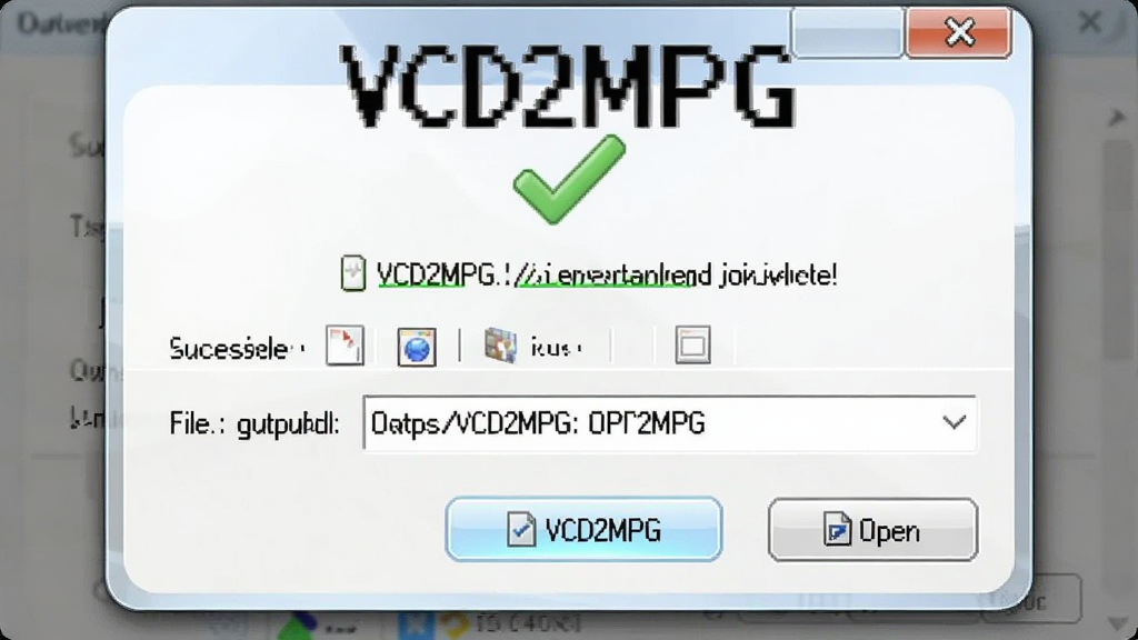 一张展示VCD2MPG转换完成提示窗口的图片,主体是软件完成对话框,布局为居中弹窗,排版为上方对勾图标下方文件路径和打开文件夹按钮,风格为柔和圆角浅色,细节包括成功提示文字、输出路径、按钮高亮,画质高清,干净,无多余元素,图片中打文字“VCD2MPG”