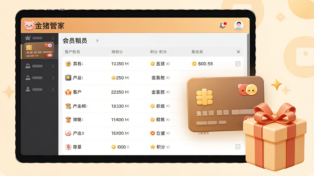 一张展示“金猪管家”会员管理功能的图片,画面中为软件会员列表界面,显示客户姓名与积分信息,旁边有会员卡图标与礼品盒装饰,整体色调温暖,风格亲切,布局整齐,画质清晰,干净,无多余元素
