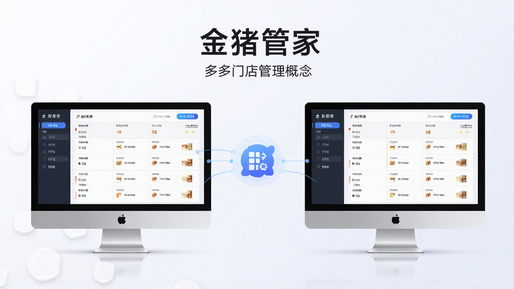一张展示“金猪管家”多门店管理概念的图片,画面中有两台电脑屏幕通过线条连接,分别显示不同门店的库存数据,中间有数据同步图标,整体风格科技简洁,布局对称,画质清晰,干净,无多余元素
