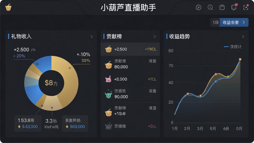 一张展示小葫芦直播助手礼物统计与收益分析功能的界面图,画面中包含礼物收入饼图、贡献榜列表、收益趋势折线图,界面以深灰色为背景,数据图表用金色与蓝色线条突出显示,屏幕上方有“小葫芦直播助手”字样,整体风格稳重专业,画质清晰,无多余装饰元素