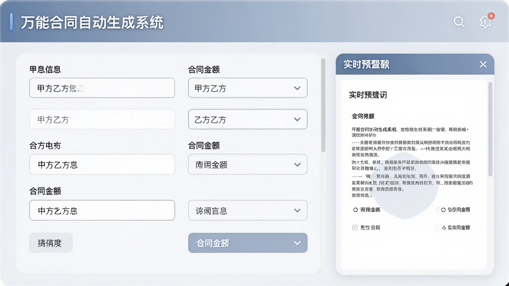 「万能合同自动生成系统」的信息填写向导界面,画面中显示多个输入框与下拉选项,用户正在录入甲方乙方信息与合同金额,界面右侧有实时预览区域,风格简洁商务,配色柔和,细节清晰,画质干净,无多余元素