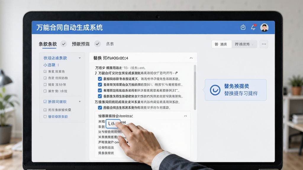画面呈现「万能合同自动生成系统」的条款替换操作界面,用户正在勾选可选条款选项,界面中显示条款预览与替换提示,风格专业简洁,配色以浅灰和蓝色为主,细节清晰,画质干净,无多余元素