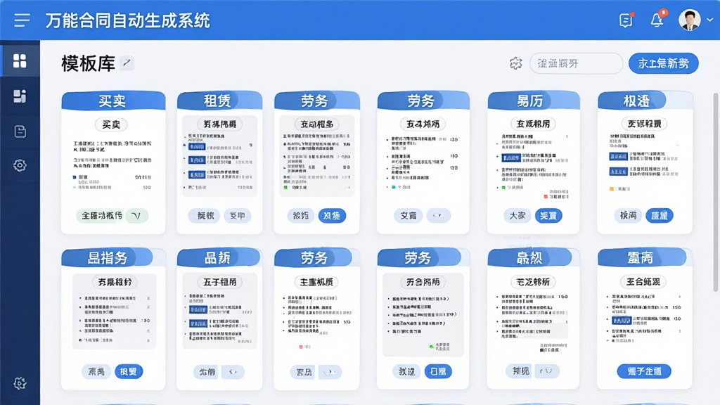 画面展示「万能合同自动生成系统」的模板库界面,屏幕中排列着分类整齐的合同模板卡片,涵盖买卖、租赁、劳务等类别标签,界面风格清爽专业,配色以蓝色和白色为主,细节清晰,画质干净,无多余元素