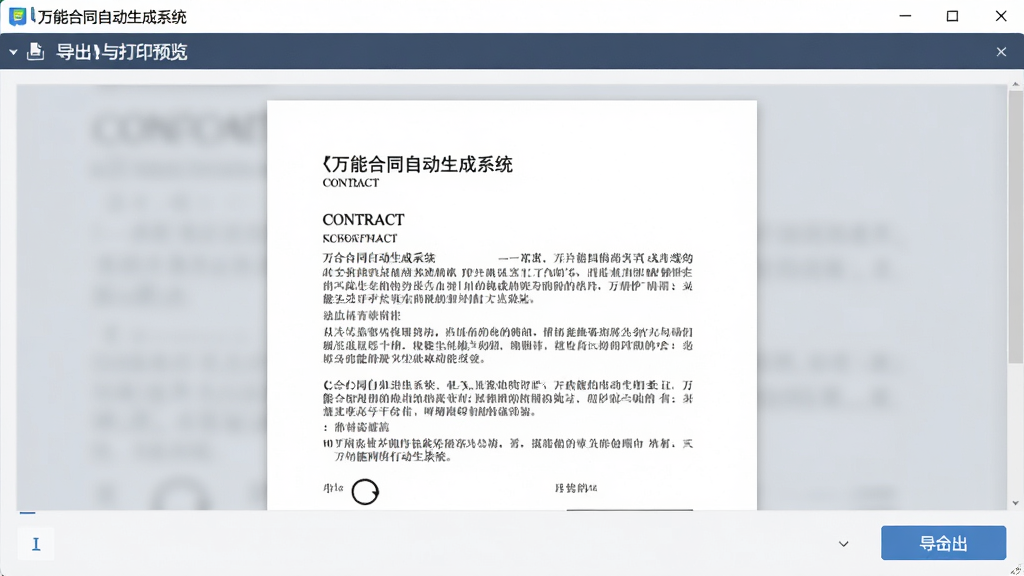 「万能合同自动生成系统」的导出与打印预览界面,画面中显示一份排版规范的合同文档预览效果,页面整洁,字体统一,右下角有导出按钮,风格商务正式,配色干净,细节清晰,画质干净,无多余元素