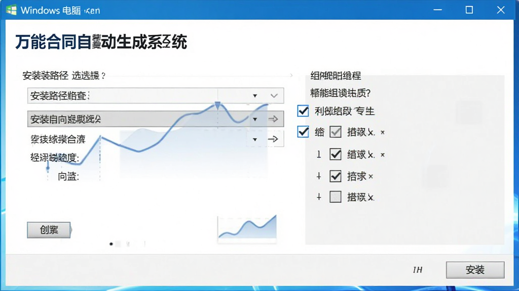 「万能合同自动生成系统」在Windows电脑上的安装向导界面,画面中显示安装路径选择与组件勾选选项,界面风格简洁,配色以白色和蓝色为主,细节清晰,画质干净,无多余元素