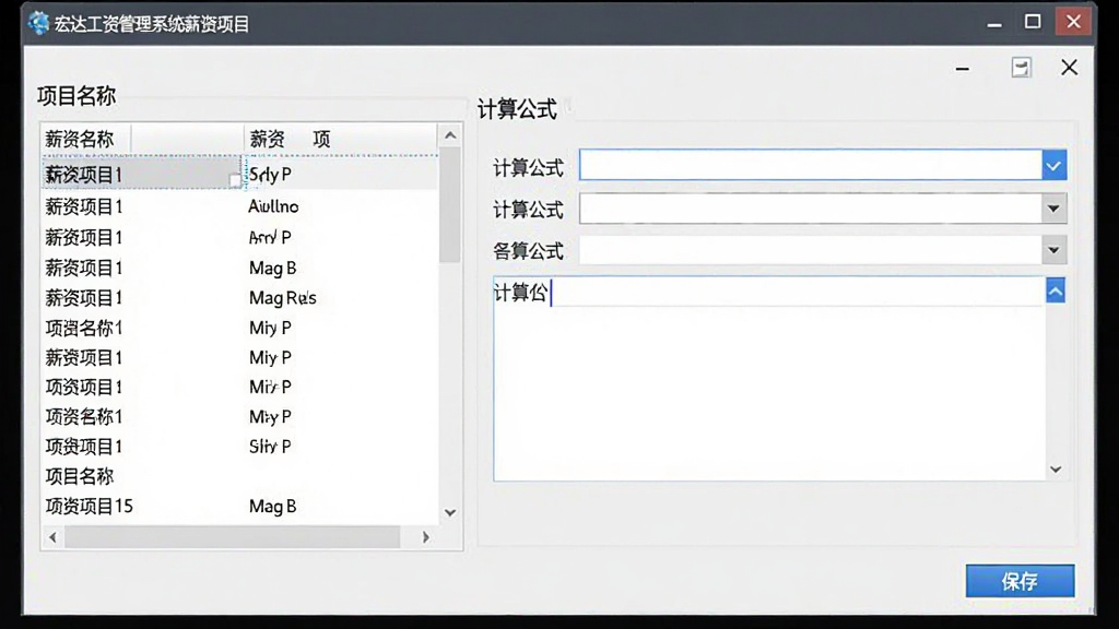 宏达工资管理系统薪资项目自定义设置界面,画面展示软件窗口中薪资项目列表和公式编辑区域,左侧为项目名称列表,右侧为计算公式输入框,界面采用浅灰底色配蓝色按钮,布局整齐,风格商务简洁,细节包含输入框、下拉菜单、保存按钮等元素,画质清晰干净,无多余装饰