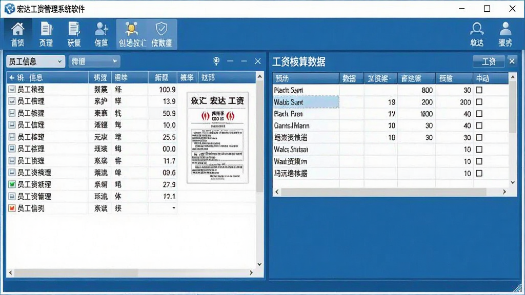 宏达工资管理系统软件主界面全貌展示,画面中央为软件操作窗口,左侧为员工信息列表,右侧为工资核算数据表格,顶部有功能菜单栏,整体布局清晰规整,采用商务蓝色调,风格简洁专业,细节上体现表格数据、按钮图标、工资条预览等元素,画质干净清晰,无多余装饰元素