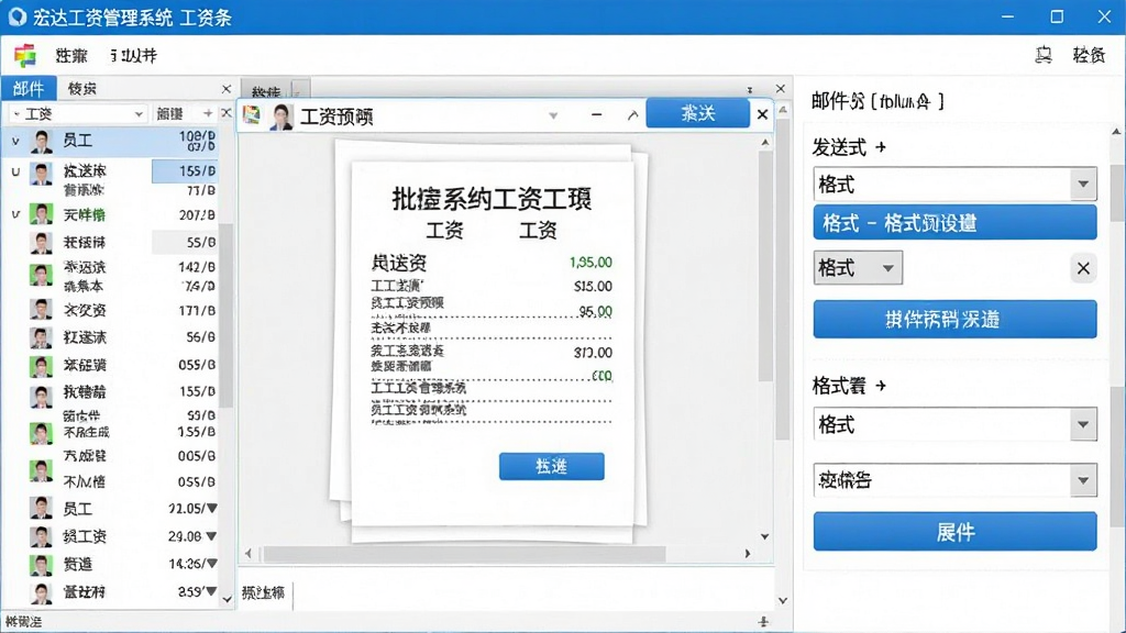 宏达工资管理系统工资条批量生成与发送功能展示,画面展示软件界面中工资条预览窗口和邮件发送设置面板,左侧为员工工资条列表,右侧为发送选项区域,界面采用白色底色配蓝色高亮按钮,风格清爽商务,细节包含表格行、发送按钮、格式选择下拉框等元素,画质清晰干净,无多余装饰