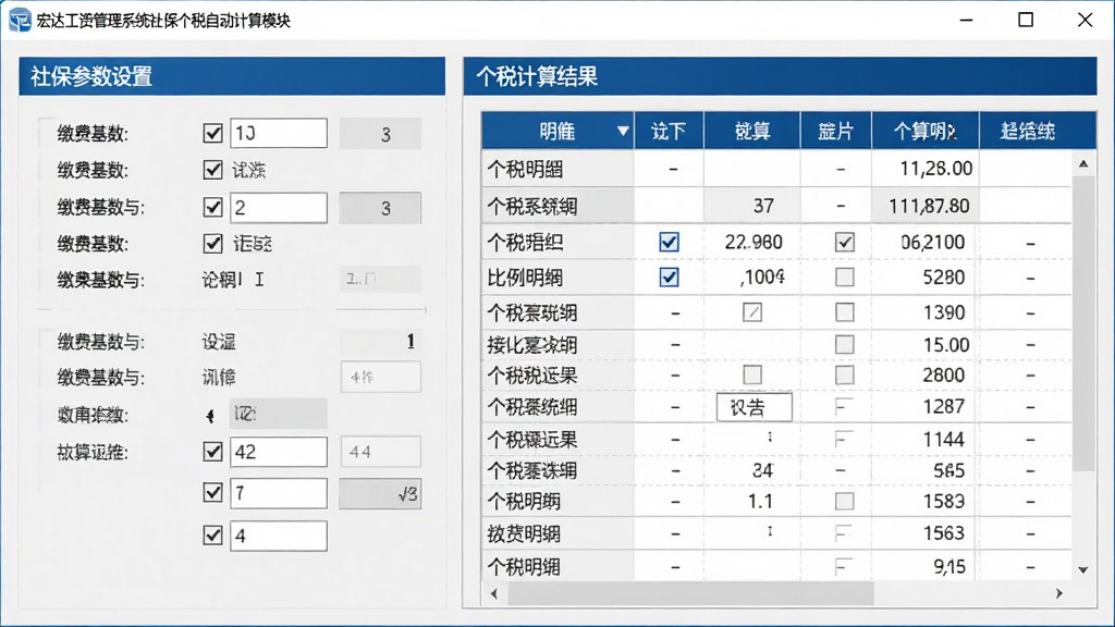 宏达工资管理系统社保个税自动计算模块界面,画面展示软件操作窗口中的社保参数设置面板和个税计算结果表格,左侧为缴费基数与比例设置区,右侧为个税明细列表,采用浅色背景配深蓝表头,风格专业稳重,细节体现数据表格、勾选框、数字输入框等元素,画质清晰干净,无多余装饰