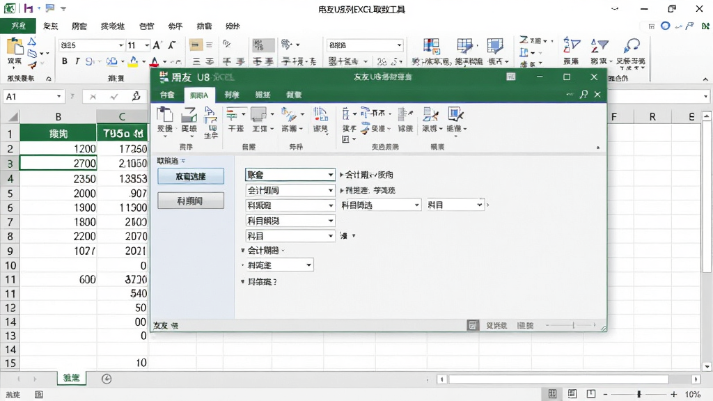 一张展示用友U8系列EXCEL取数工具软件界面的图片,画面主体为电脑屏幕上打开的Excel表格,表格中显示用友U8财务数据取数插件的操作面板,面板上有账套选择、会计期间、科目筛选等选项,布局为软件主界面居中展示,排版清晰整齐,风格为专业商务软件截图风格,细节包括Excel单元格中的数字数据、插件按钮和菜单栏,画质高清,画面干净,无多余元素