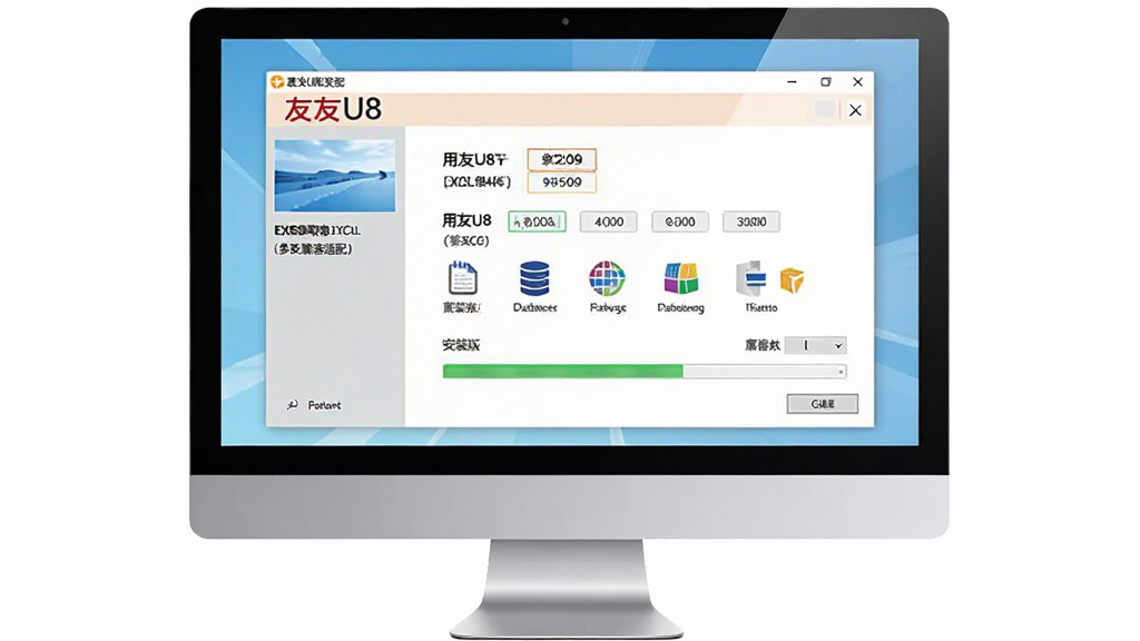 一张展示用友U8系列EXCEL取数工具多版本兼容适配的图片,画面主体为电脑屏幕上显示软件安装界面和兼容版本列表,布局为居中排版,风格为软件安装向导界面风格,细节包括用友U8各版本号标签、数据库类型图标、安装进度条,画质高清,画面干净,无多余元素