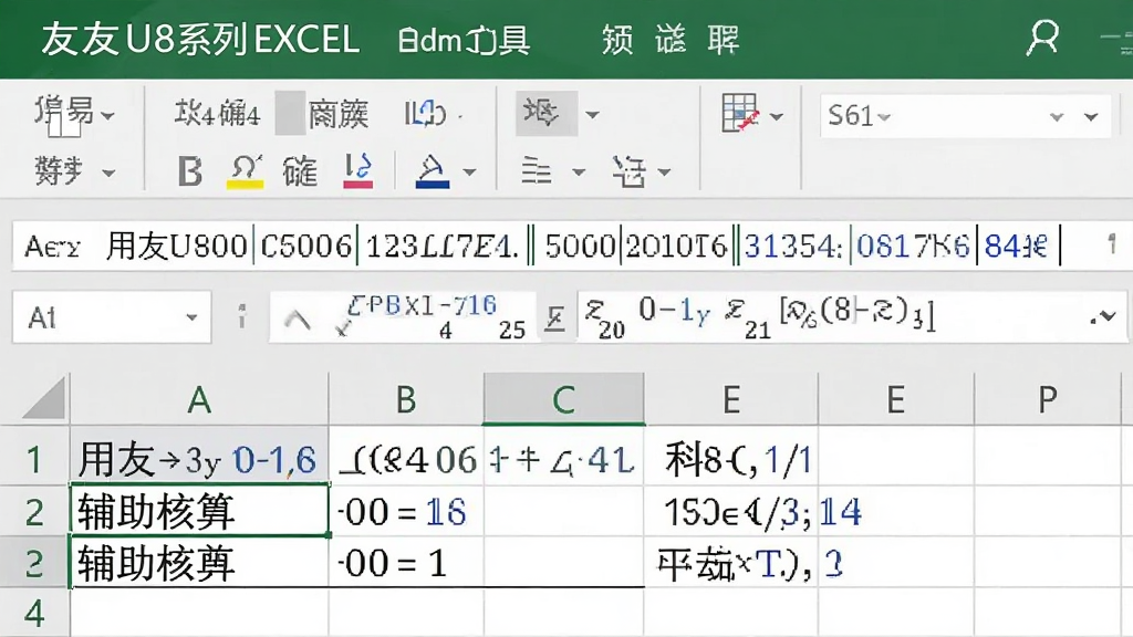 一张展示用友U8系列EXCEL取数工具自定义公式取数功能的图片,画面主体为Excel公式编辑栏中显示用友U8取数公式,下方单元格中显示公式计算结果,布局为上下结构排版,风格为专业财务软件操作界面风格,细节包括公式中的科目编码参数、会计期间参数、辅助核算参数,画质高清,画面干净,无多余元素