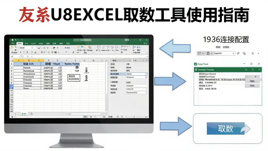 一张展示用友U8系列EXCEL取数工具使用指南的图片,画面主体为电脑屏幕上显示Excel表格和取数工具操作面板,旁边有步骤指示箭头,布局为左右分栏排版,风格为教程指导风格,细节包括安装步骤图标、连接配置界面、取数按钮,画质高清,画面干净,无多余元素