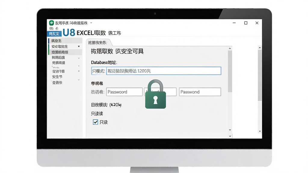 一张展示用友U8系列EXCEL取数工具数据安全可控的图片,画面主体为电脑屏幕上显示数据库连接配置界面,界面中有只读模式选项和安全锁图标,布局为居中排版,风格为安全软件界面风格,细节包括数据库地址输入框、用户名密码框、只读复选框,画质高清,画面干净,无多余元素