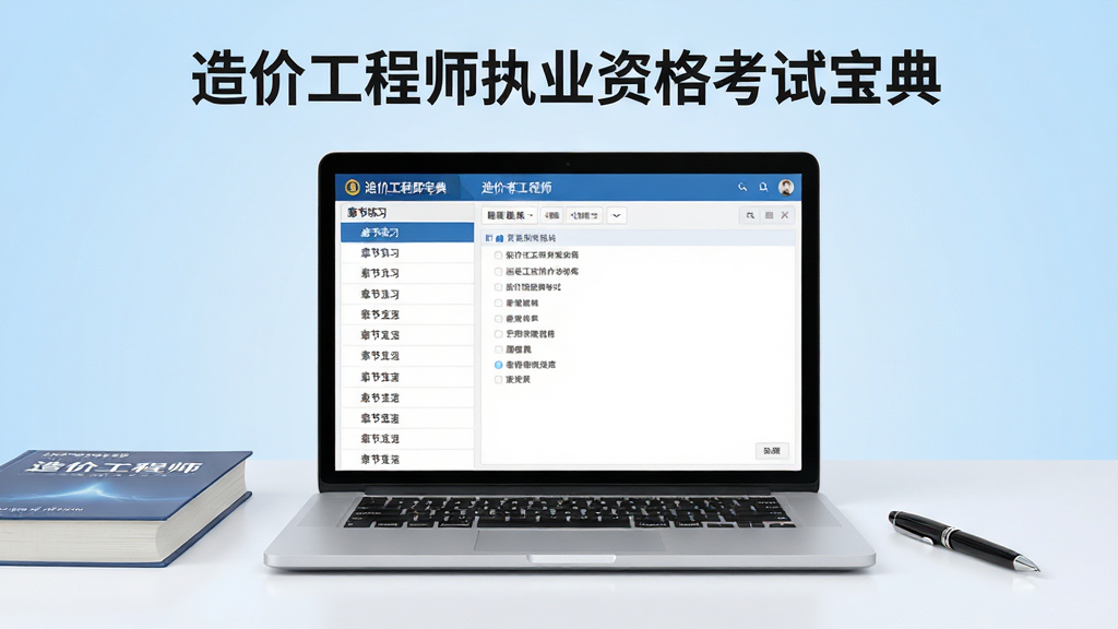 软件名称“造价工程师执业资格考试宝典”主视觉,画面中央是一台打开的笔记本电脑,屏幕上显示造价工程师考试题库界面,左侧是章节练习列表,右侧是答题区域,背景是干净的浅蓝色渐变,桌面摆放一本造价工程师考试教材和一支笔,整体布局居中对称,风格简洁商务,细节清晰,画质高清,干净,无多余元素。