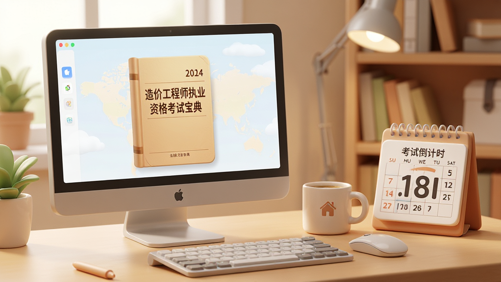 画面展示“造价工程师执业资格考试宝典”在电脑屏幕上正常运行,旁边有鼠标和键盘,桌面上放着一杯咖啡和考试倒计时日历,背景是温馨的备考环境,风格柔和圆角,布局自然,细节清晰,画质高清,干净,无多余元素。