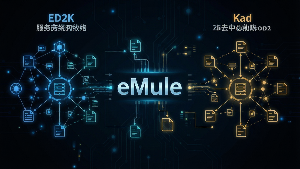 一张科技感信息图,主体是eMule软件的双网络架构示意图,布局为左右对称,左侧标注ED2K服务器网络、右侧标注Kad去中心化网络,排版中间用软件名称eMule连接,风格为深色科技风,细节包括发光的网络节点、连接线、数据包图标,画质高清,干净,无多余元素