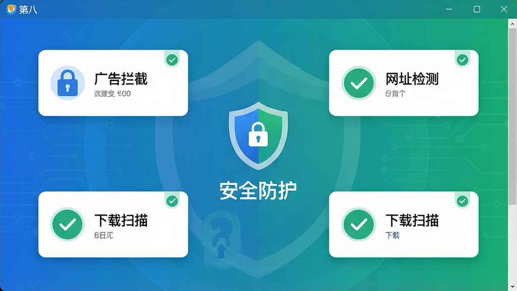画面主体为第八浏览器界面中的安全防护中心,布局为居中卡片式排版,中央放置盾牌图标与“安全防护”文字,四周环绕广告拦截、网址检测、下载扫描三个功能标签,风格为现代扁平科技风,细节包括蓝色与绿色配色、锁形图标、对勾标识,画质高清,干净,无多余元素