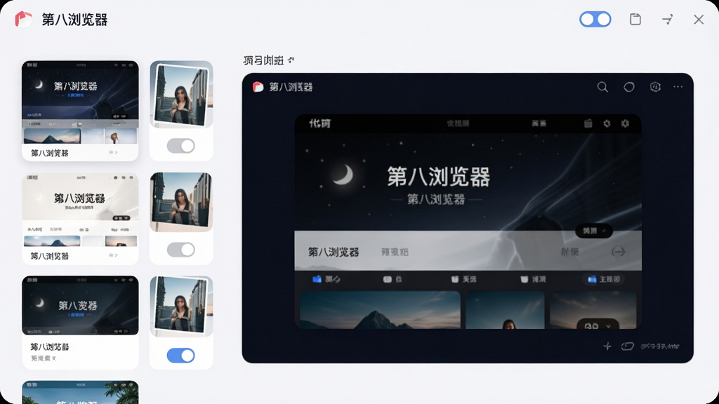 画面主体为第八浏览器的主题皮肤设置页面,布局为左侧主题缩略图列表、右侧预览窗口,排版整齐,风格为柔和圆角清新风,细节包括深色夜间模式预览、浅色主题卡片、壁纸缩略图、切换开关,画面中文字标注“第八浏览器”,画质高清,干净,无多余元素