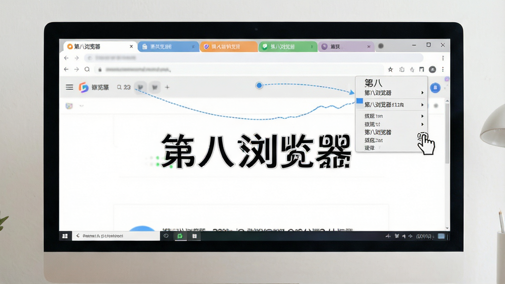 画面主体为电脑屏幕上的第八浏览器多标签页管理界面,布局为上方标签栏、中间网页内容区、下方状态栏,排版层次分明,风格为清爽简约的UI展示风,细节包括多个彩色标签、鼠标手势轨迹线、右键菜单,画面中文字标注“第八浏览器”,画质高清,干净,无多余元素