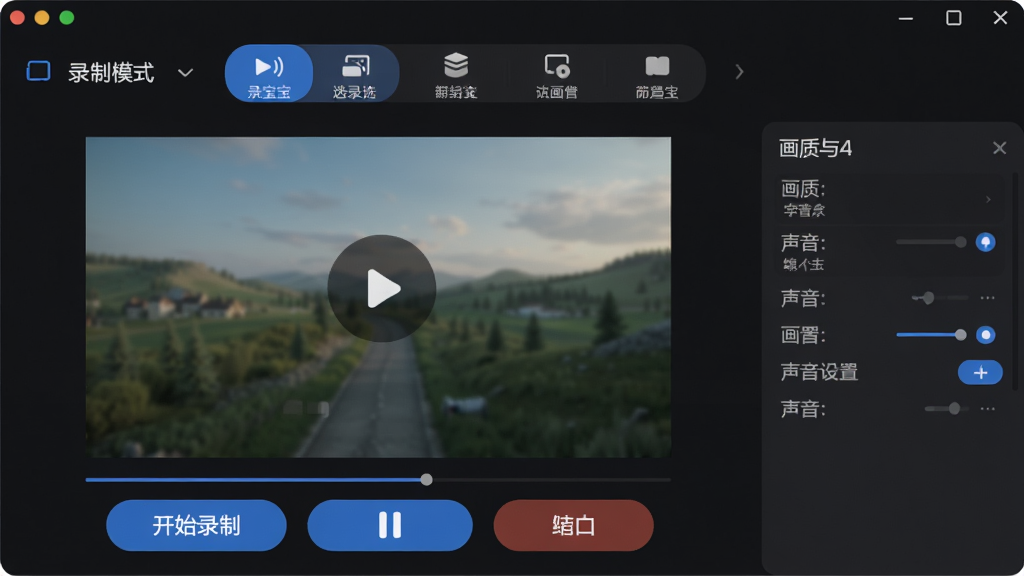 录屏宝软件主界面全貌展示,居中布局,上方为录制模式选择栏,中部为屏幕预览窗口,下方为开始录制、暂停、停止等控制按钮,右侧为画质与声音设置面板,整体采用深色主题搭配蓝色强调色,界面干净整洁无多余元素,风格为现代扁平化UI设计,细节包括按钮圆角、图标清晰、文字标注明确,画质为高清2K,干净,无多余元素