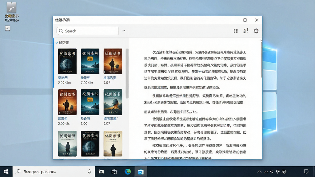 一张展示优阅读书软件主界面的预览图,主体为软件窗口在Windows桌面居中显示,布局采用左侧书架列表与右侧阅读区域分栏设计,排版整洁,风格为现代简约科技感,细节包含书架上的电子书封面缩略图、顶部工具栏的搜索框与设置图标、阅读区模拟显示的文本段落,画质清晰干净无多余元素。