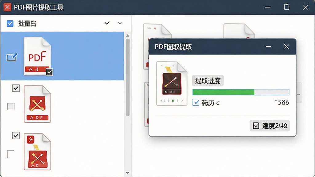软件界面特写,画面中“PDF图片提取工具”正在批量处理多个PDF文件,左侧文件列表显示三个PDF文档,右侧弹出提取进度窗口,布局为左右分栏,排版整齐,风格为清爽商务风,细节包括勾选框、缩略图、文件大小标签,画质清晰,画面干净,无多余元素