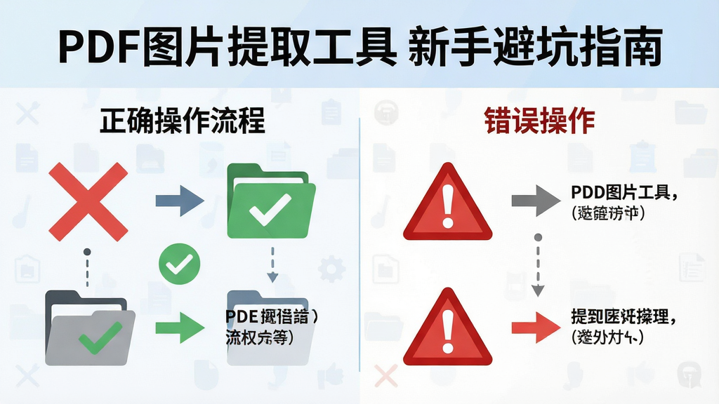 一张信息图风格的插图,标题为“PDF图片提取工具 新手避坑指南”,画面分为左右两部分,左侧展示正确操作流程图标,右侧展示错误操作警示图标,布局为左右对比,排版清晰,风格为扁平化信息图,细节包括红色叉号、绿色对勾、文件夹图标,画质高清,画面干净,无多余元素