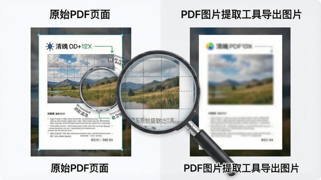 一张对比示意图,左侧标注“原始PDF页面”,右侧标注“PDF图片提取工具导出图片”,画面中央展示放大镜效果,突出图片细节清晰无损,布局为左右对比,排版对称,风格为简约信息图风,细节包括像素网格、清晰度标识,画质高清,画面干净,无多余元素