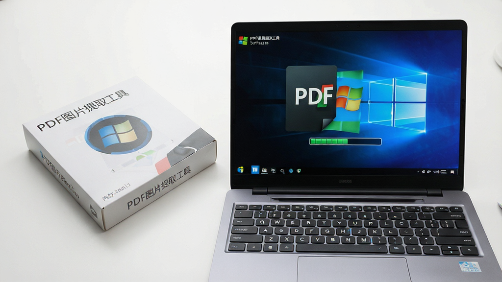 一台笔记本电脑屏幕显示“PDF图片提取工具”正在运行,旁边放置一个轻薄的软件包装盒,布局为对角线构图,排版简洁,风格为科技生活风,细节包括Windows系统标志、内存占用指示条,画质高清,画面干净,无多余元素