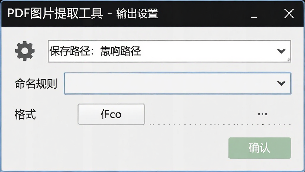 软件设置面板截图,标题为“PDF图片提取工具 - 输出设置”,面板中包含保存路径选择框、命名规则下拉菜单、格式选择按钮,布局为纵向排列,排版清晰,风格为浅色极简风,细节包括齿轮图标、文件夹图标、确认按钮,画质清晰,画面干净,无多余元素