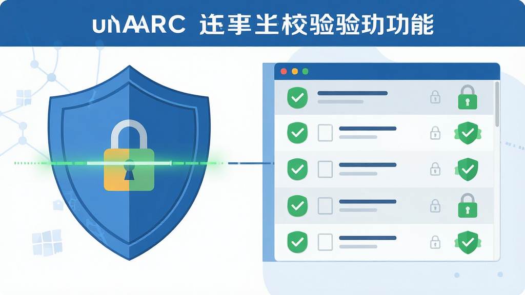 一张展示unARC安全校验功能的图片,主体为盾牌图标与文件扫描界面,布局为左右结构,左侧为盾牌,右侧为文件列表,排版简洁对称,风格为安全防护主题的扁平插画风格,细节包括勾选标记、加密锁图标、绿色安全标识,画质为高清,干净,无多余元素