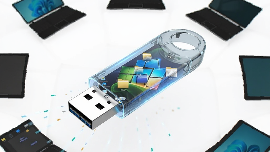 一个发光的U盘悬浮在画面中央,U盘外壳半透明,内部可见Windows桌面缩略图与文件夹图标,四周环绕着不同品牌的笔记本电脑轮廓,主体明确,布局采用放射状构图,排版简洁,风格为3D渲染科技感,细节强调U盘接口的金属光泽与数据流光,画质清晰,干净无多余元素