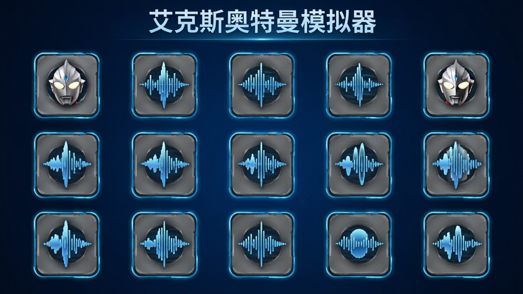 艾克斯奥特曼模拟器音效界面,画面中展示多个音效图标排列整齐,每个图标带有声波可视化效果,背景为深蓝色渐变,顶部有
