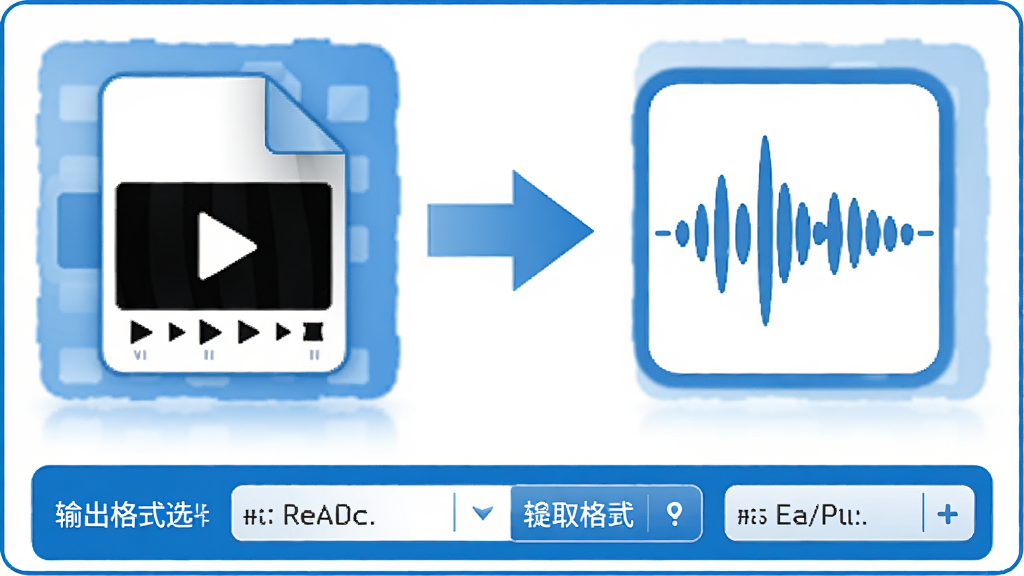 AVI视频转换精灵音频提取功能示意图,画面展示从视频文件中提取音频的操作流程,左侧为视频文件图标,中间有箭头指向右侧的音频波形图标,界面底部有输出格式选择栏,整体风格简洁直观,蓝白配色,排版清晰,画质干净无多余元素