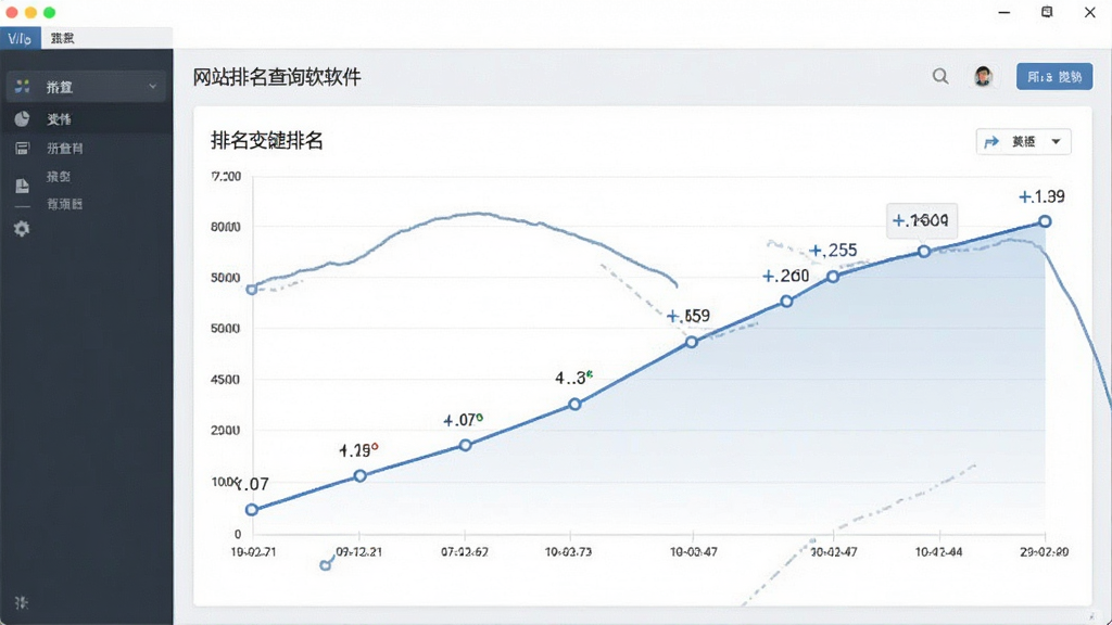 一张展示网站排名查询软件历史趋势功能的图片,主体为软件界面中的折线图展示排名变化,布局为居中大图,排版简洁,风格为商务数据风格,细节包括时间轴、排名曲线、数据点标注,画质清晰,干净,无多余元素