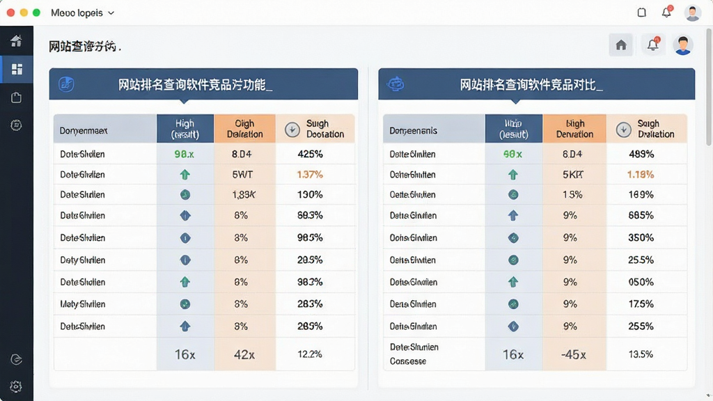 一张展示网站排名查询软件竞品对比功能的图片,主体为软件界面中两个网站数据并排对比,布局为左右分栏,排版对称,风格为专业分析风格,细节包括对比表格、高低箭头、差距数值,画质清晰,干净,无多余元素