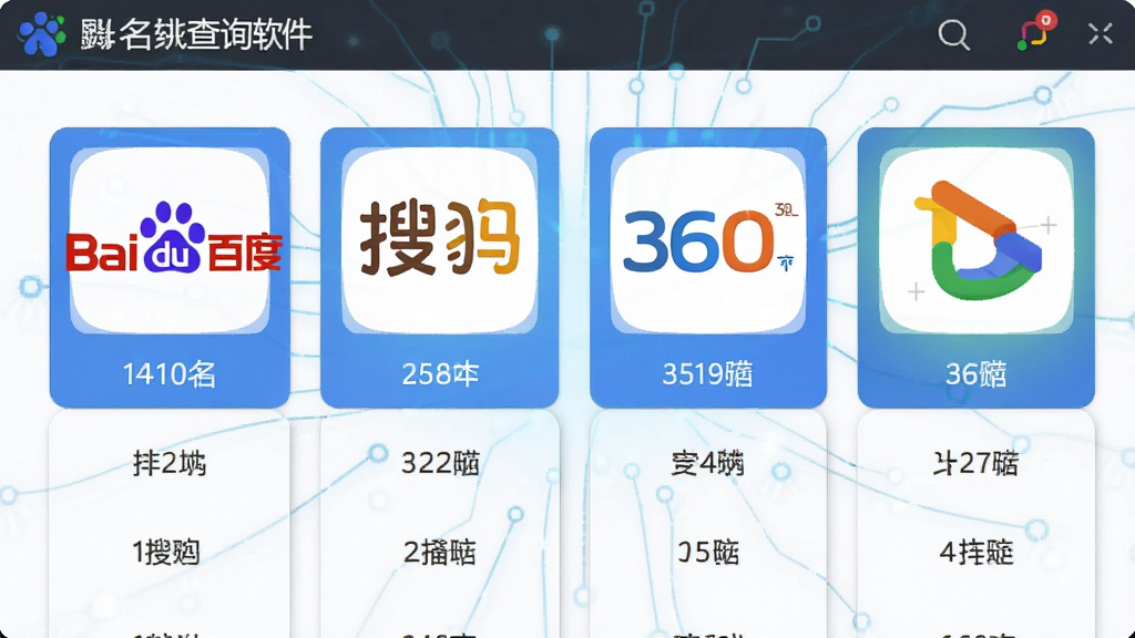 一张展示网站排名查询软件多引擎查询功能的图片,主体为软件界面中多个搜索引擎图标并列排列,布局为横向排列图标下方对应排名数据,排版整齐,风格为扁平化科技风格,细节包括百度、搜狗、360等图标和排名数字,画质清晰,干净,无多余元素