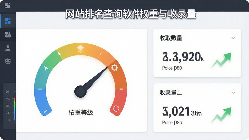 一张展示网站排名查询软件权重与收录量功能的图片,主体为软件界面中的权重仪表盘和收录量数字卡片,布局为上下结构,排版清晰,风格为数据可视化风格,细节包括权重等级图标、收录数量、趋势箭头,画质清晰,干净,无多余元素