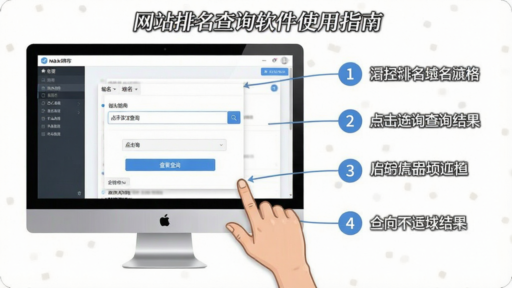 一张展示网站排名查询软件使用指南的图片,主体为电脑屏幕上软件操作界面和旁边的手势指引,布局为左侧软件截图右侧步骤标注,排版教程风格,细节包括输入域名、点击查询、查看结果等步骤编号,画质清晰,干净,无多余元素